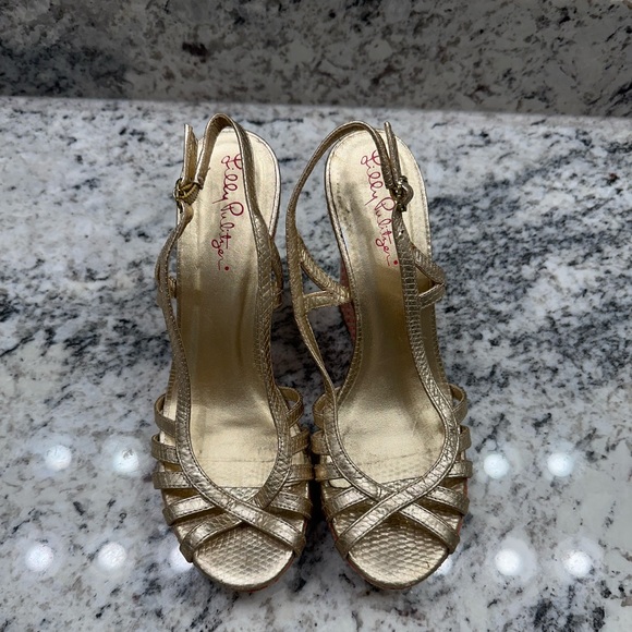 Lilly Pulitzer Gold Strappy Peep Toe Chevron Wedge Heel - Picture 3 of 7